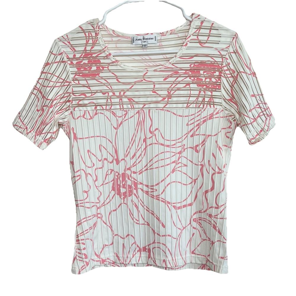 Anne Fontaine Pink White Floral Textured Short Sleeve Blouse Size 2 Office U26